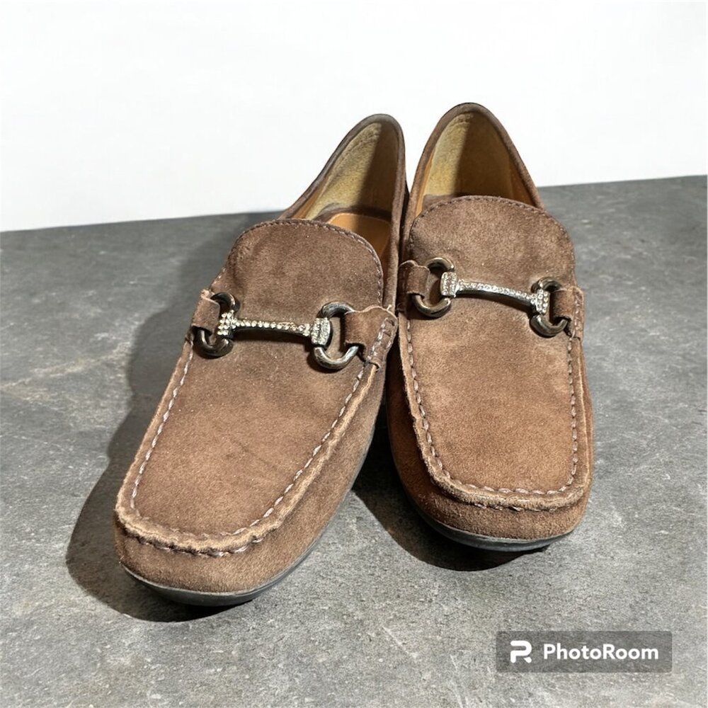 Geox size 37 horsebit leather driving loafers with rhinestones brown